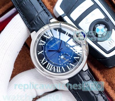 Fast Shipping Clone Cartier Ballon Bleu de Men's Watch - Blue Dial Black Leather Strap